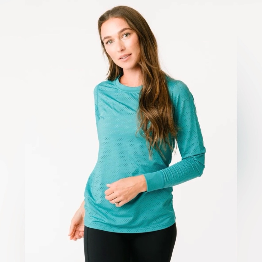 Zyia Active S Teal Chill Long Sleeve Crew Neck Perforated Mesh Top Tee T-Shirt - Picture 11 of 12
